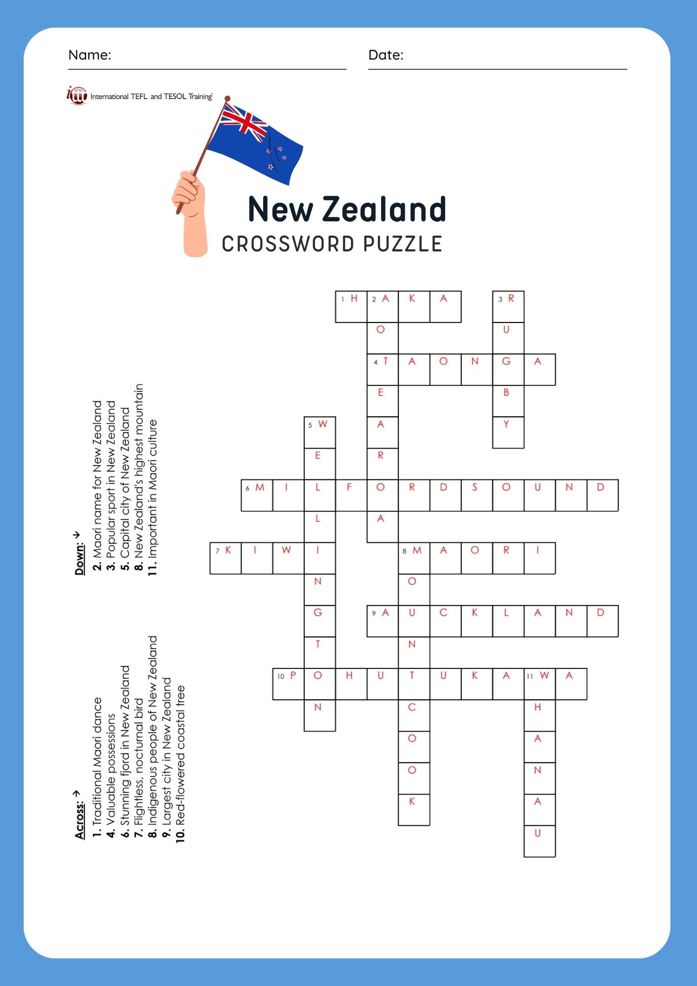 EFL New Zealand Vocabulary Crossword Puzzle ITTT   New Zealand Crossword 